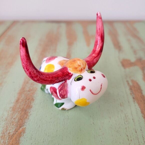 Vintage Italian Long Horn Cow Handpainted Florence Italy Pottery Figurine - Picture 1 of 16